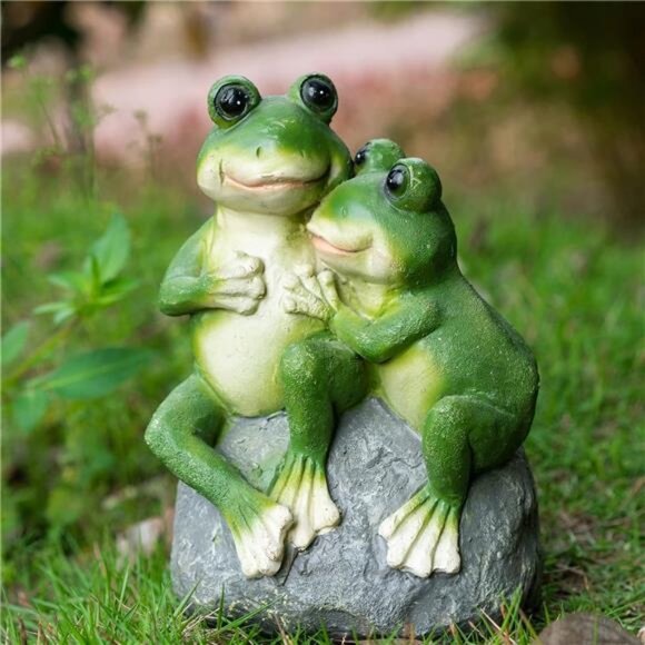 St. Patricks Day Frog Statue Garden Decor, Resin 2 Frogs on Stone Figurine - Picture 1 of 7